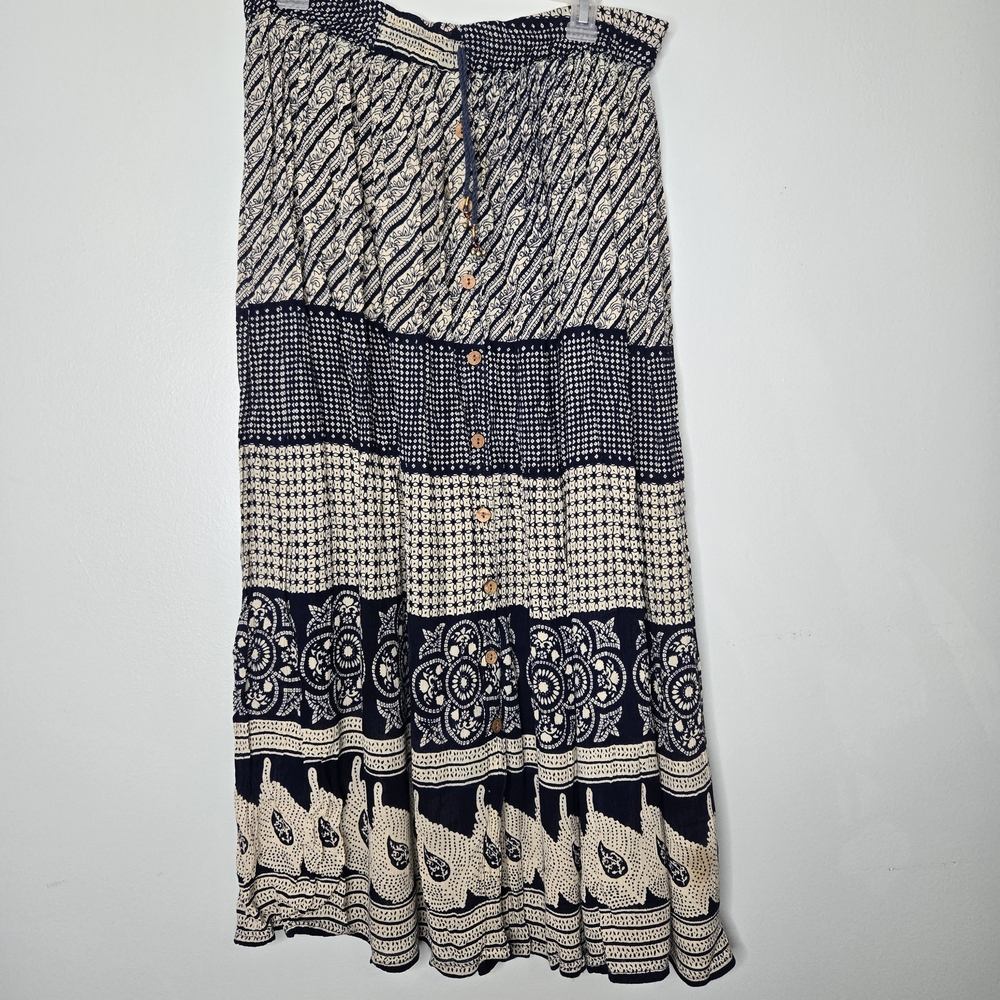Jacqueline Lauren Navy and Cream Patterned Maxi Bohemian Skirt L